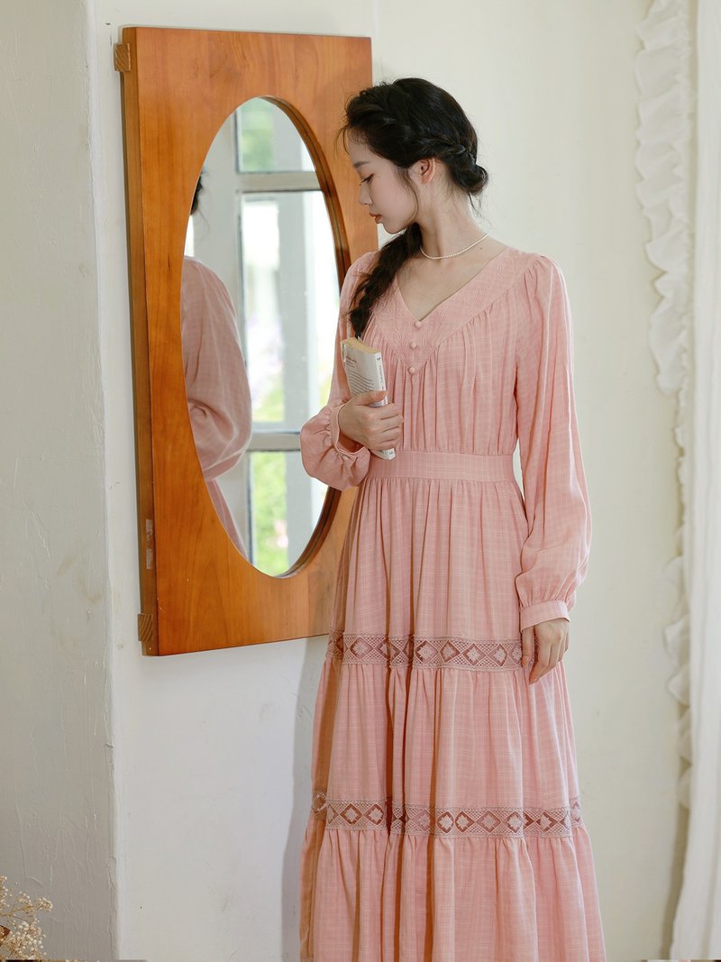 巫巫公主 / 格子蕾丝花边连身裙 - 洋装/连衣裙 - 其他材质 粉红色