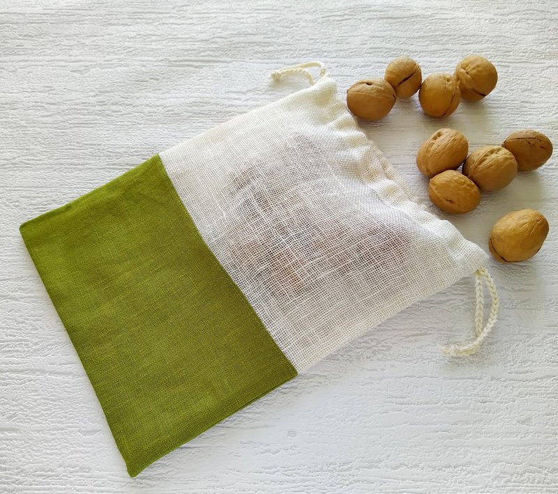 Produce bags reusable, Eco bag, Grocery bag, Shopping bag foldable, Fruit bags - 束口袋双肩包 - 亚麻 绿色