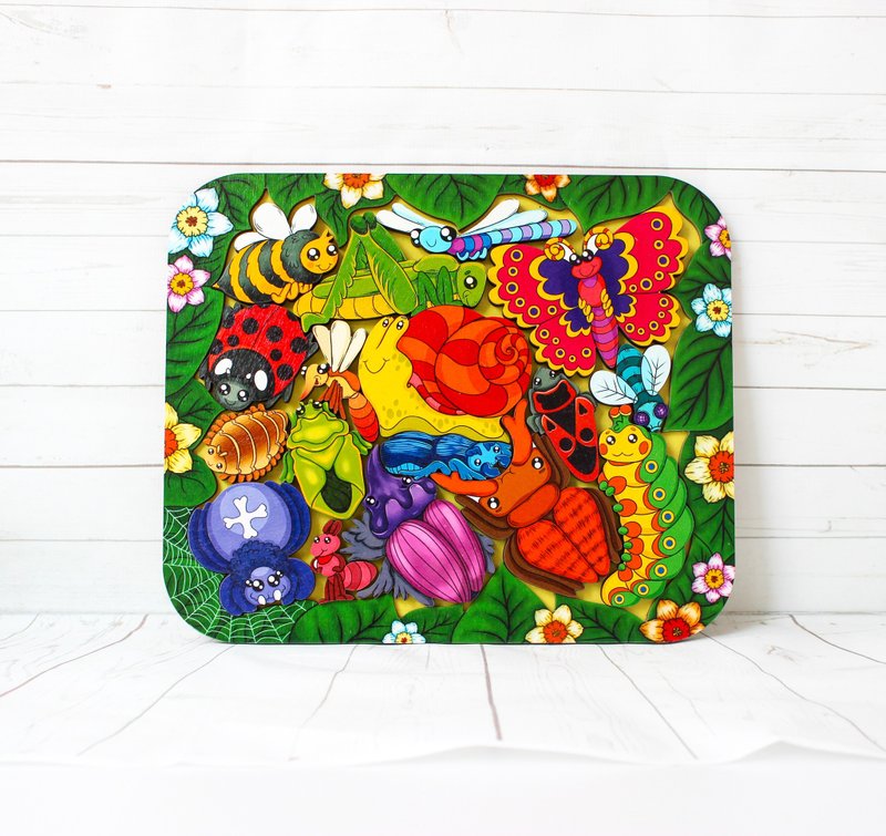 Wooden Puzzle - insect, bug, Montessori toddler learning toy for 2 3 4 5 year - 玩具/玩偶 - 木头 金色