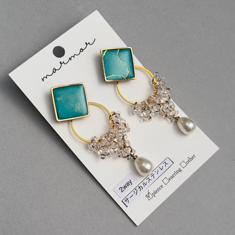 【现货1件】祖母绿 2way 酒精墨水艺术 长款耳环 医疗级不锈钢 绿色 珍珠 金色 独特设计 独一无二 - 耳环/耳夹 - 树脂 绿色