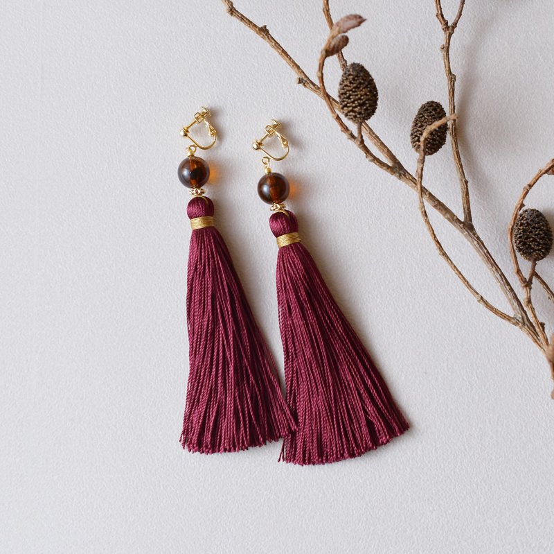 Volume tassel earrings/Wine red - 耳环/耳夹 - 其他材质 红色