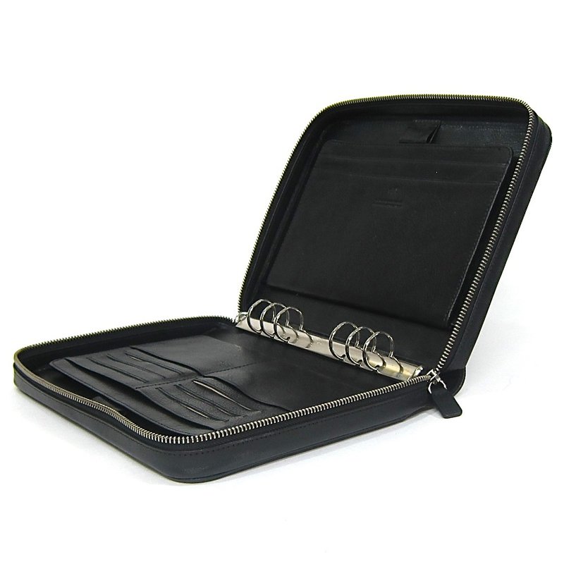 系统手帐 A5 尺寸 补充内页 功能性 贵重物品 圆形拉链 提把 手把 真皮 意大利皮革 - 笔记本/手帐 - 真皮 黑色