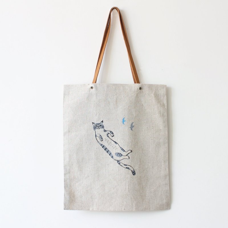 灰色英国短毛猫手造Tote Bag I 猫国民 - 侧背包/斜挎包 - 棉．麻 卡其色