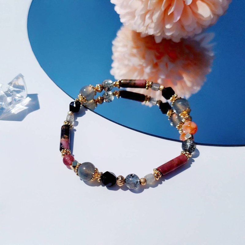 日式屏风。玫瑰石 拉长石 黑草莓 14K包金 水晶矿石设计手链 - 手链/手环 - 水晶 黑色