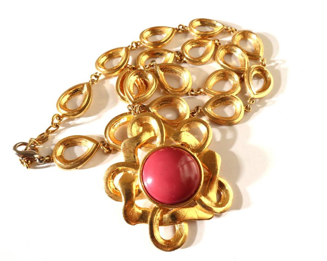 CARITA Paris 80s vintage gold pink flower pendant necklace - 项链 - 其他金属 金色