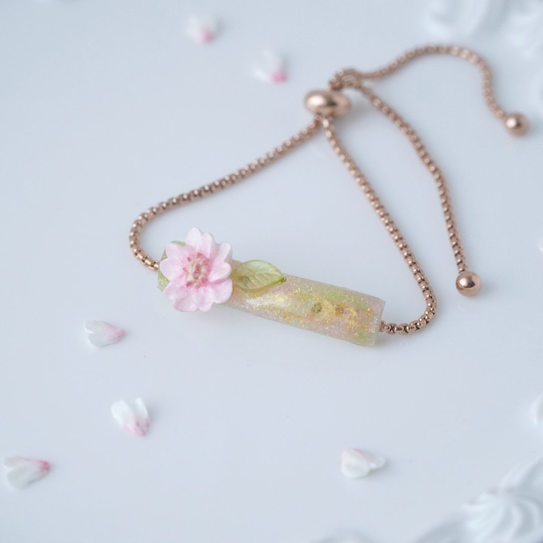 【季节限定】花见 和菓子风 樱花黏土挤花&amp;树脂 手链 - 手链/手环 - 不锈钢 粉红色