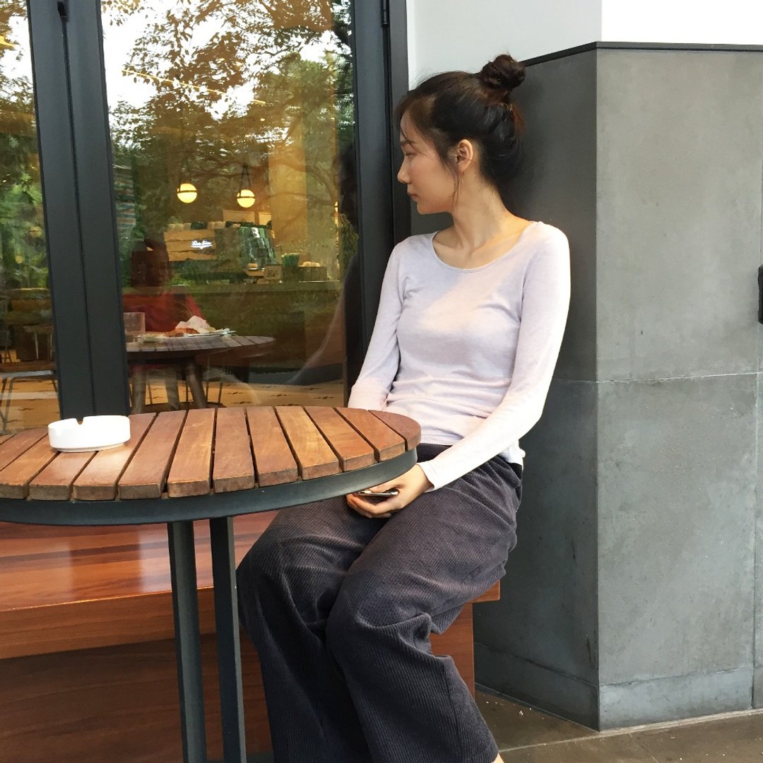 2色天然植物染 莫代爾舒適薄款秋冬打底衫長袖內搭 - 女装 T 恤 - 棉 蓝色