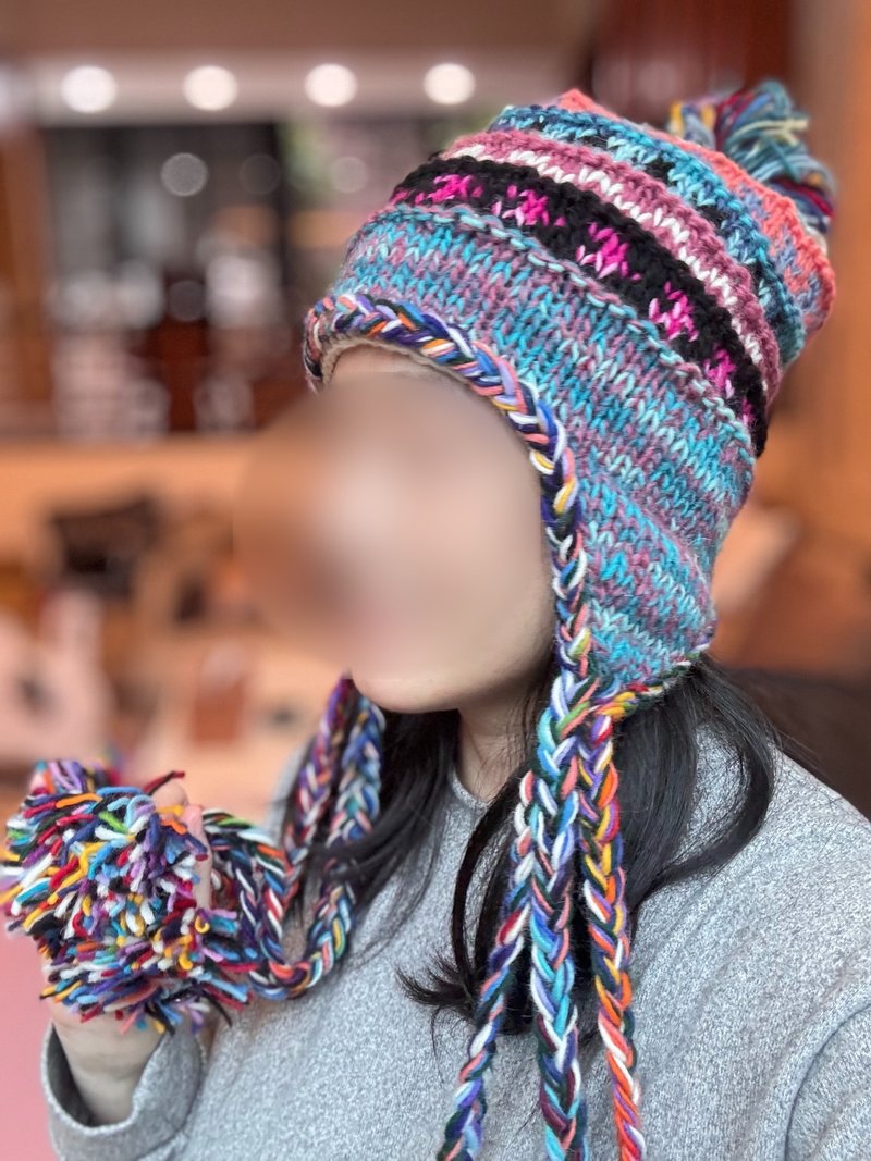 轻粉蓝色七球纯羊毛线手工编织全衬防风毛帽子护耳帽保暖交换礼物 - 帽子 - 羊毛 蓝色