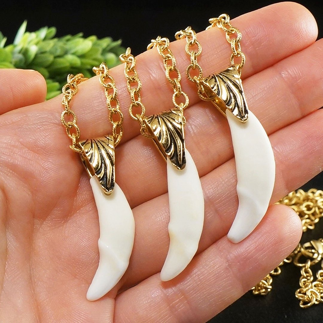Real Wolf Tooth Necklace White Wolf Fang Tusk Teeth Pendant Necklace Jewelry - 项链 - 其他材质 白色