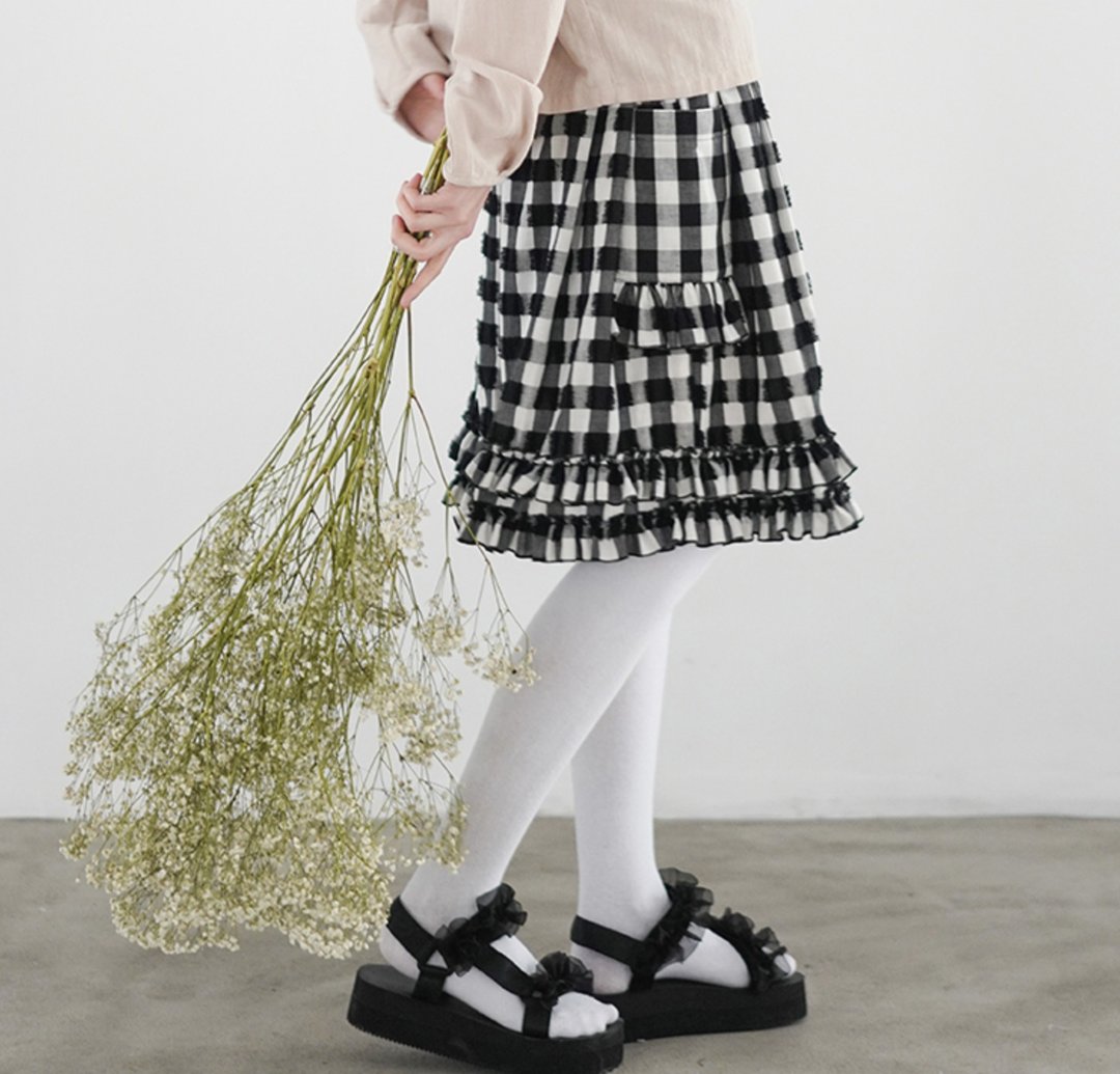 格子花边短裤 - imakokoni - 女装短裤 - 棉 灰色