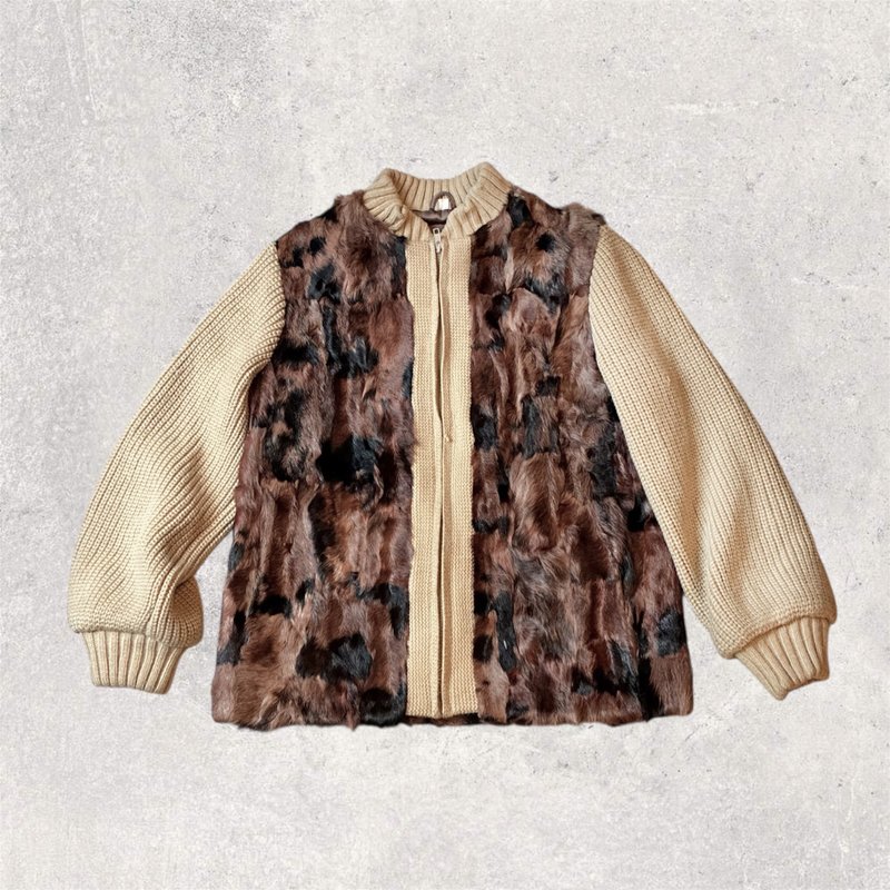 古着 针织拼接动物毛 立领外套 - 女装针织衫/毛衣 - 其他材质 