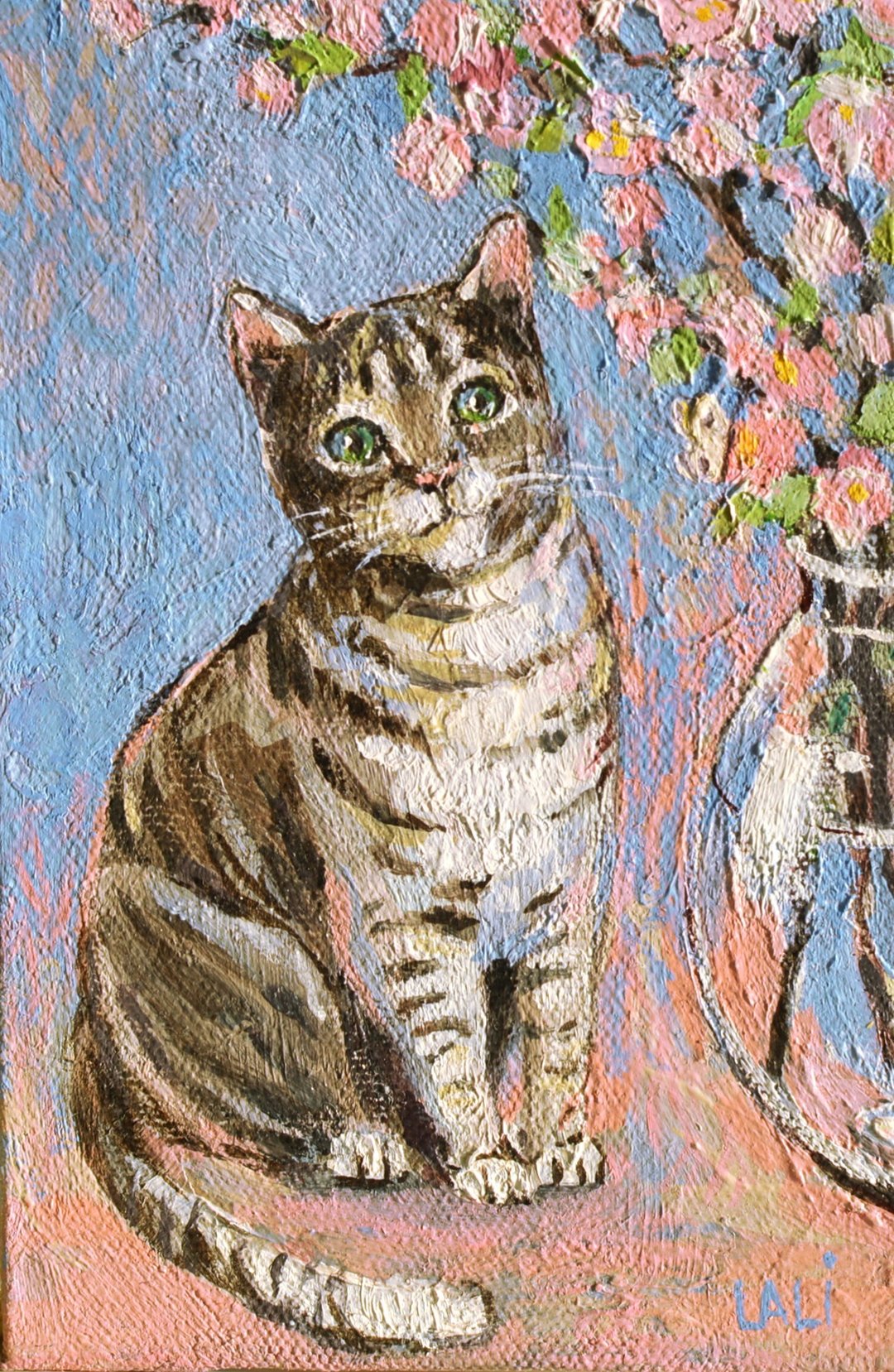 猫原创油画 15x10cm 帆布板 花瓶里的樱花 宠物肖像 - 墙贴/壁贴 - 其他材质 粉红色