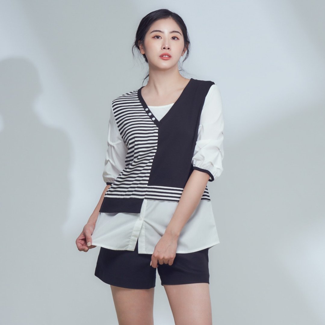 【MEDUSA】黑白假两件式拼接衬衫 (M-XL) | 女上衣 衬衫 上班穿搭 - 女装衬衫 - 棉．麻 黑色