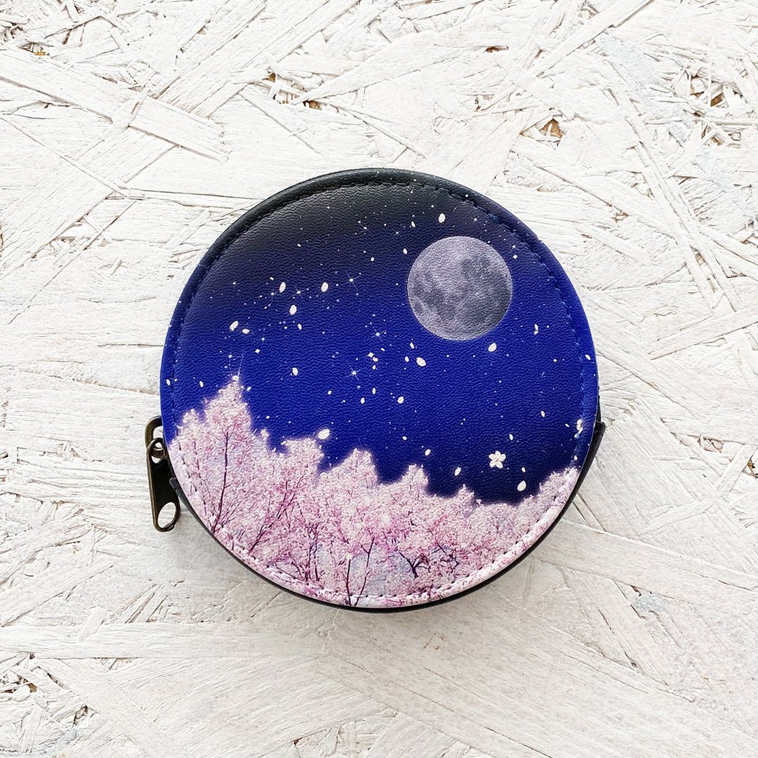 Coin Case Cherry at night / Coin purse / Wallet / accessory case / FLOWER moon - 零钱包 - 人造皮革 蓝色