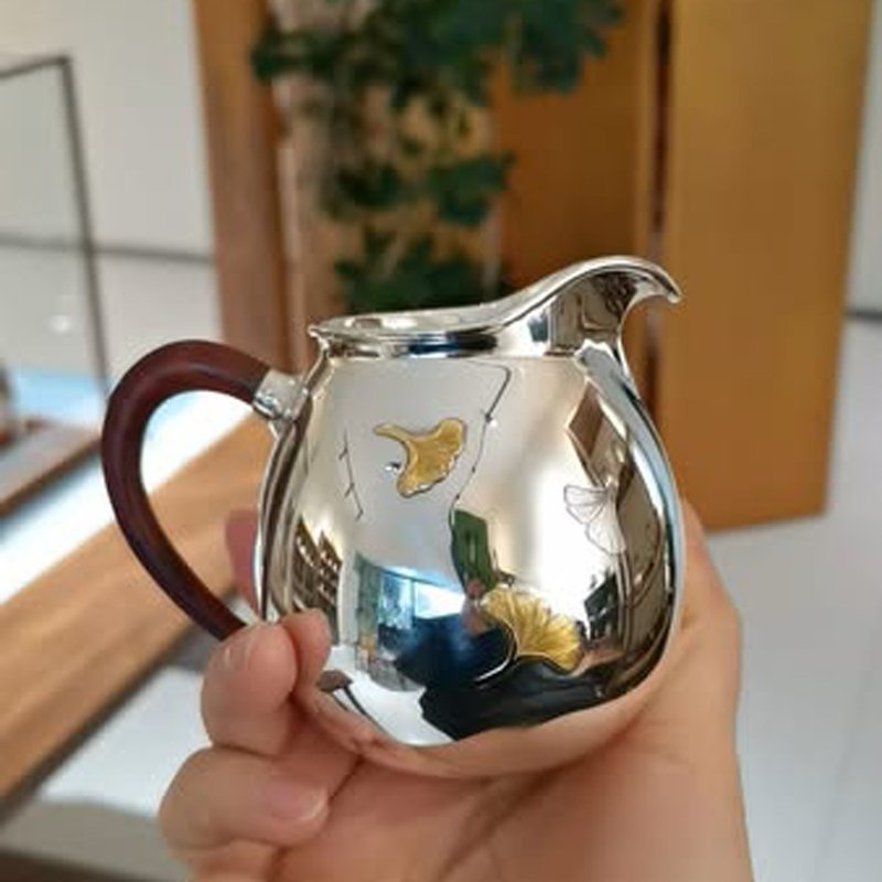 尚帧品 足银公道杯 纯金镶嵌银杏银茶海 纯手工 260cc - 茶具/茶杯 - 纯银 