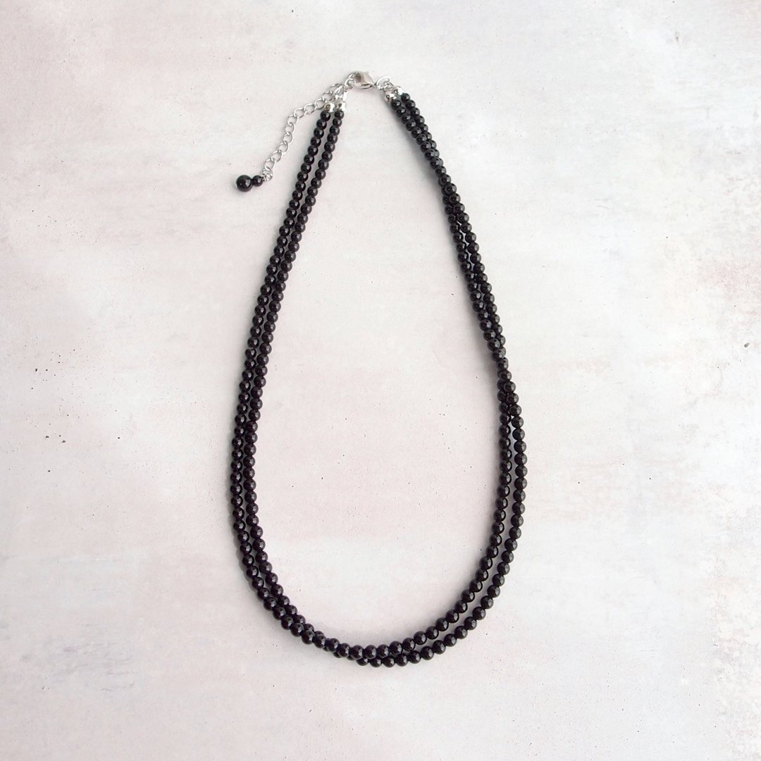 Black Onyx Plane Necklace 黑色玛瑙 双链项链 Round - 项链 - 宝石 黑色