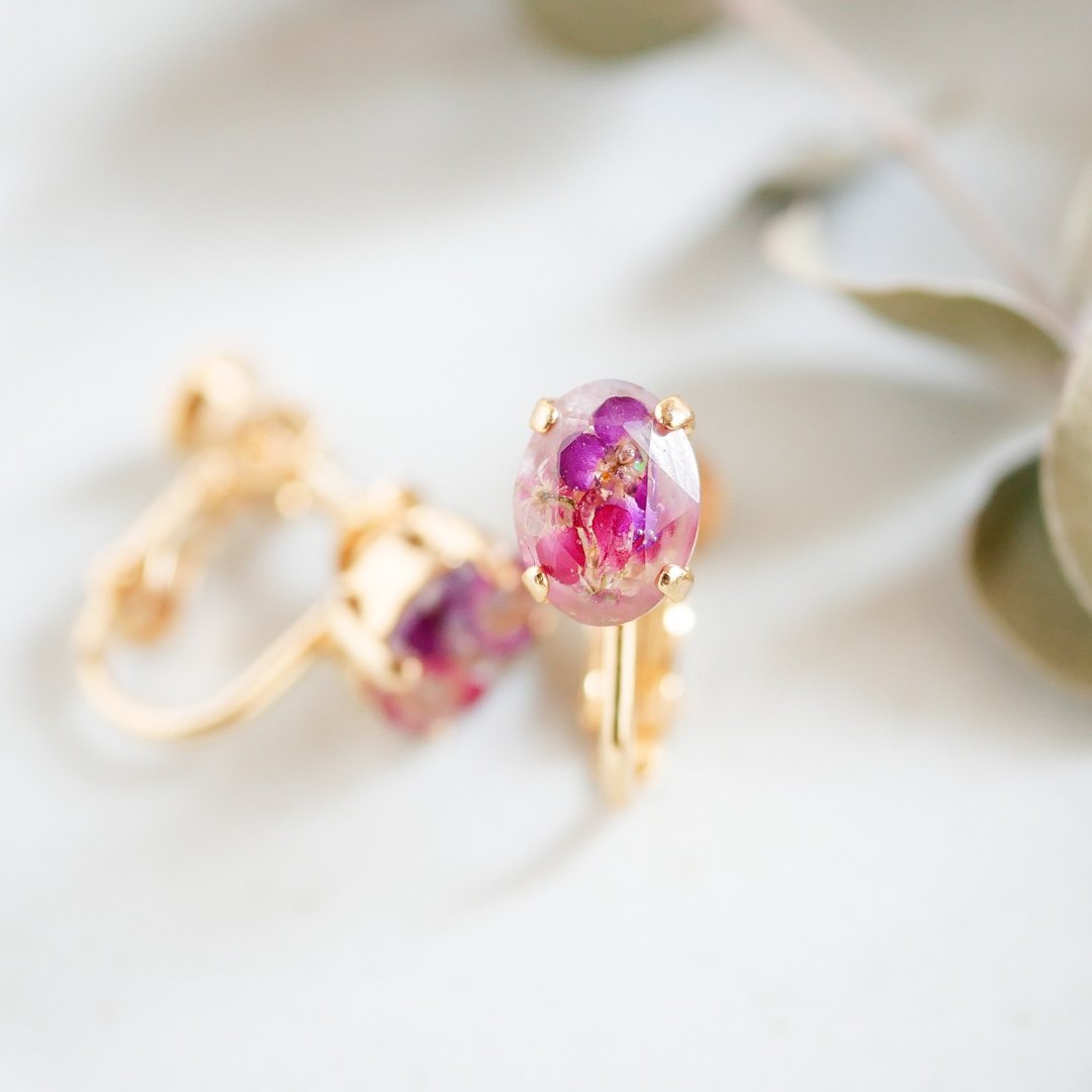 Small size with lame/Oval Clip-On/Alyssum - 耳环/耳夹 - 树脂 紫色