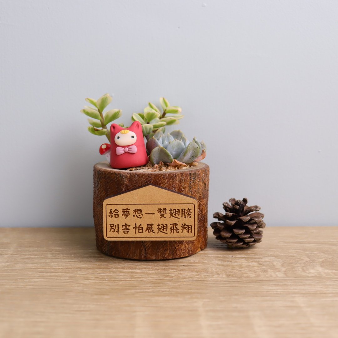 小日苗系列-红-多肉植物微景观原木盆栽定制礼物(附磁铁字牌) - 植栽/盆栽 - 木头 红色