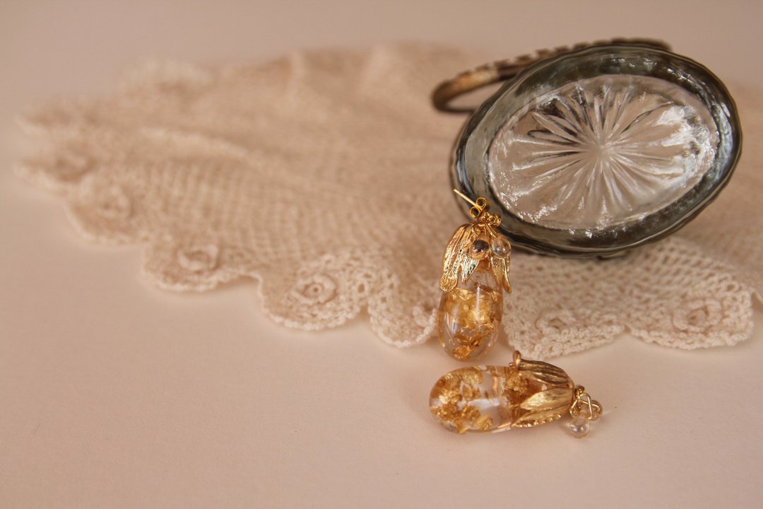 耳环 饰品 花耳环 花办耳环 珍珠耳环 干花耳环 少女风 日系作品 - 耳环/耳夹 - 植物．花 金色