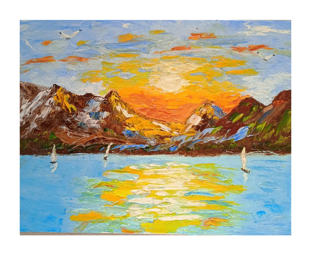 日落在海上海景帆船在日落橙色日落原画 - 墙贴/壁贴 - 其他材质 金色