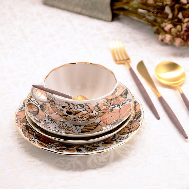 夕阳花园-22K金手工三件式杯盘礼组 - 咖啡杯/马克杯 - 瓷 橘色