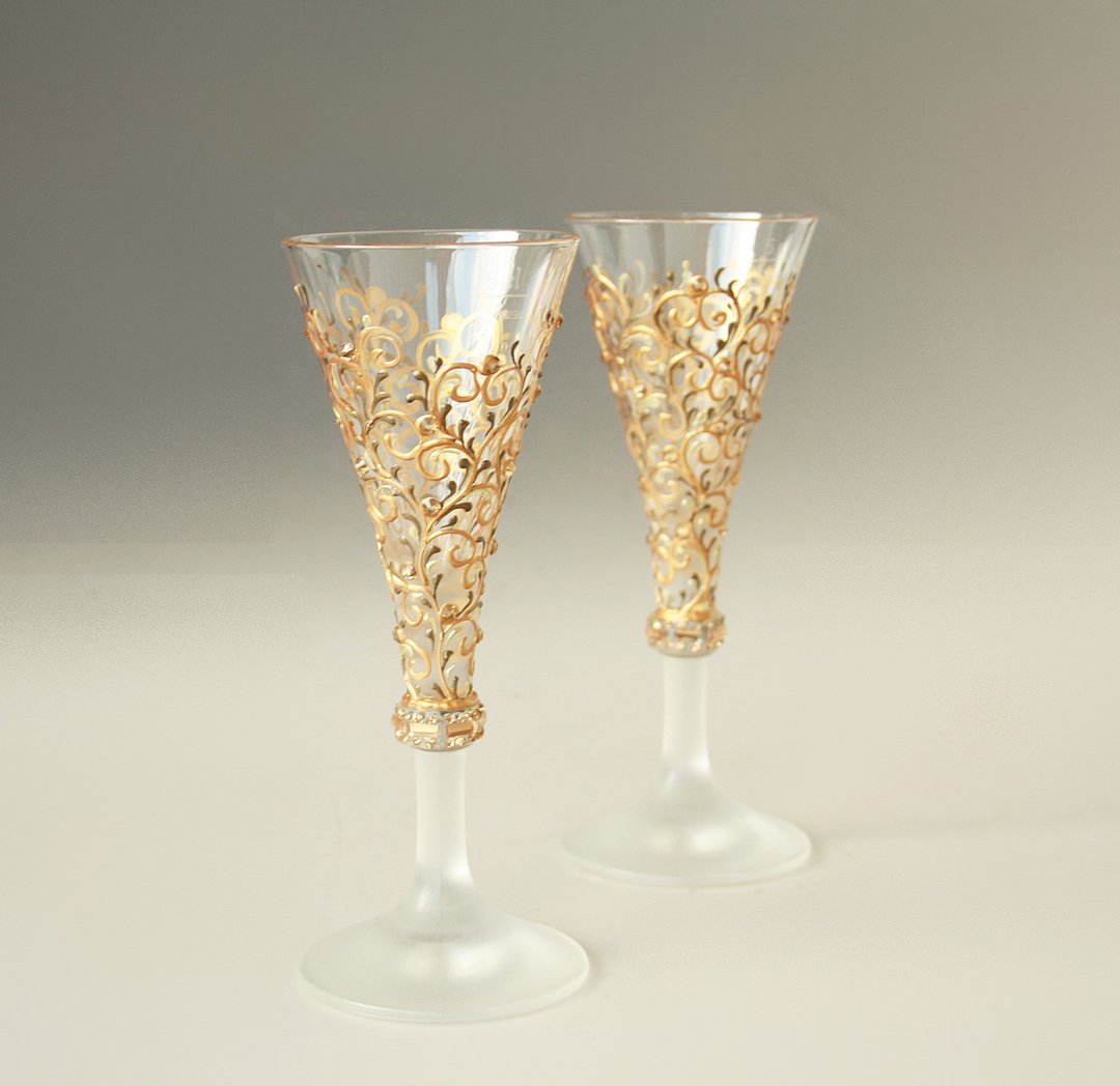 Small Champagne Wine Glasses Liqueur Toasting Gold Wedding Anniversary, Set of 2 - 酒杯/酒器 - 玻璃 金色