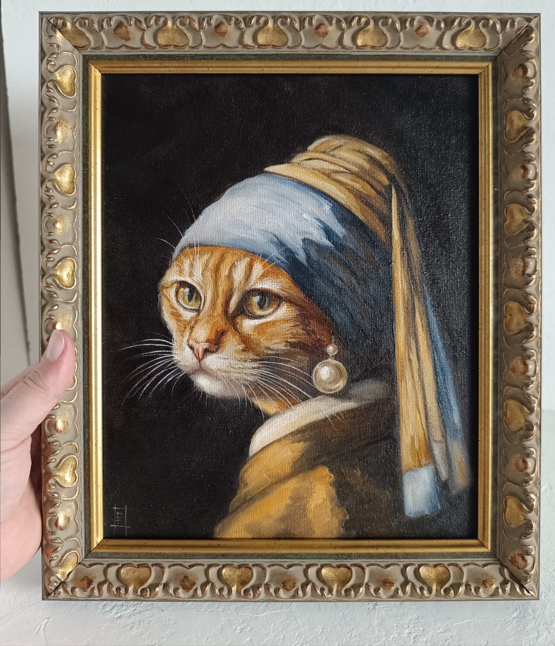 戴珍珠耳环的猫油画 20*25厘米 - 墙贴/壁贴 - 其他材质 橘色