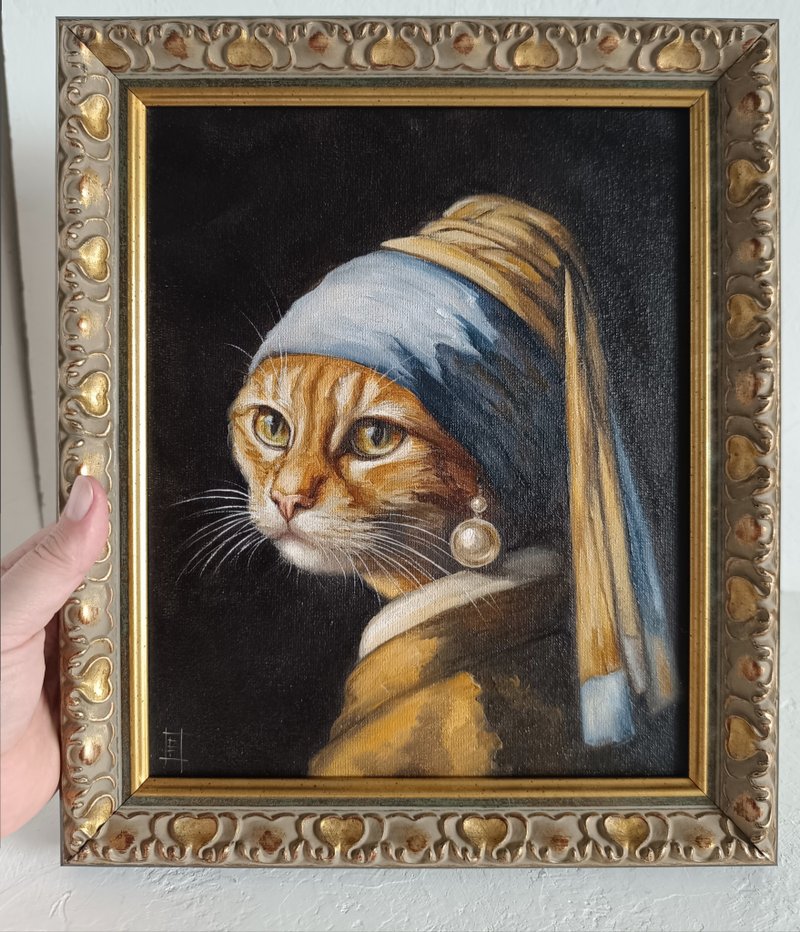 戴珍珠耳环的猫油画 20*25厘米 - 墙贴/壁贴 - 其他材质 橘色