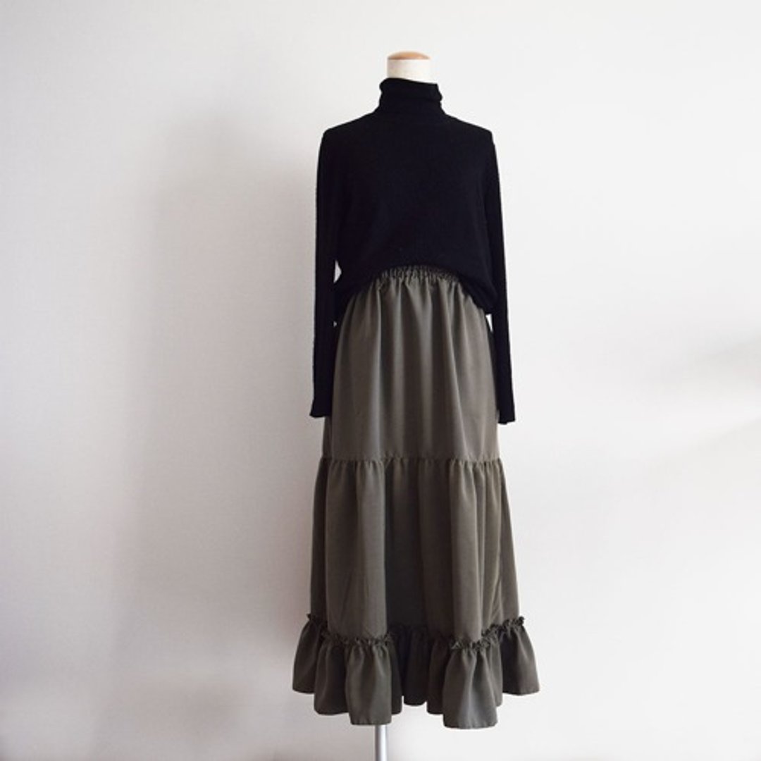 Selectable length, tiered gather, long skirt, khaki, custom-made - 裙子 - 棉 