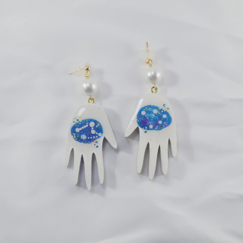 手中星空 白色手掌个性独特 耳钉耳环耳夹 - 耳环/耳夹 - 木头 蓝色