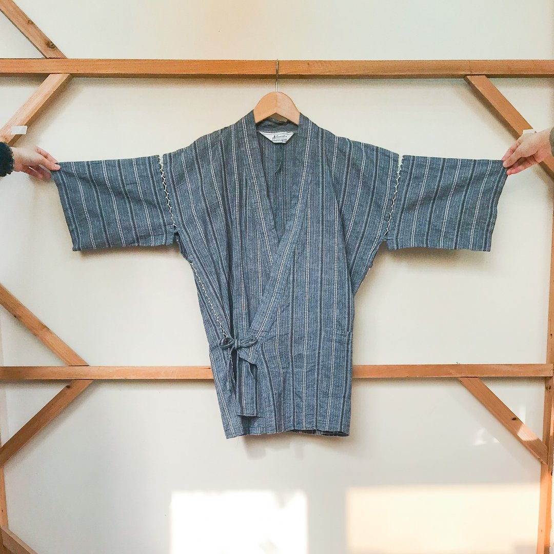 古着和服 / 深灰白色条纹甚平 - 女装休闲/机能外套 - 棉 灰色