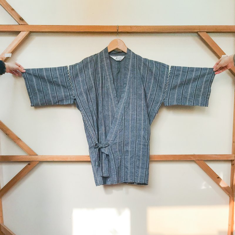 古着和服 / 深灰白色条纹甚平 - 女装休闲/机能外套 - 棉 灰色