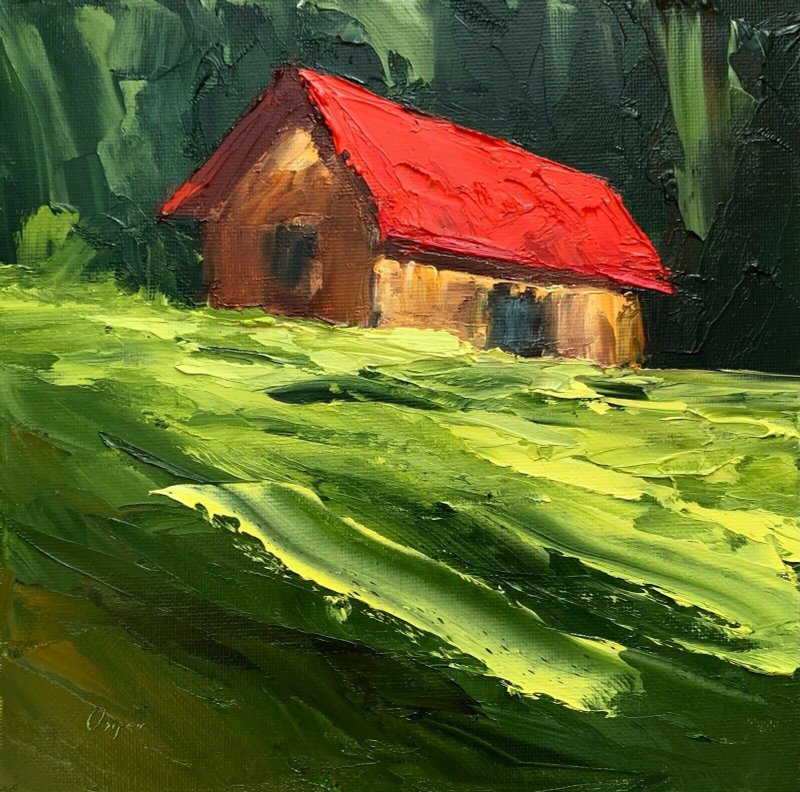 Original Oil Painting On Canvas Green Landscape House Painting Textured Impasto - 墙贴/壁贴 - 棉．麻 多色
