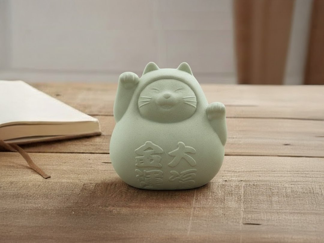 【不倒翁招财招福猫】圆滚滚幸运猫 (中) 健康绿 - 香薰/精油/线香 - 水泥 绿色