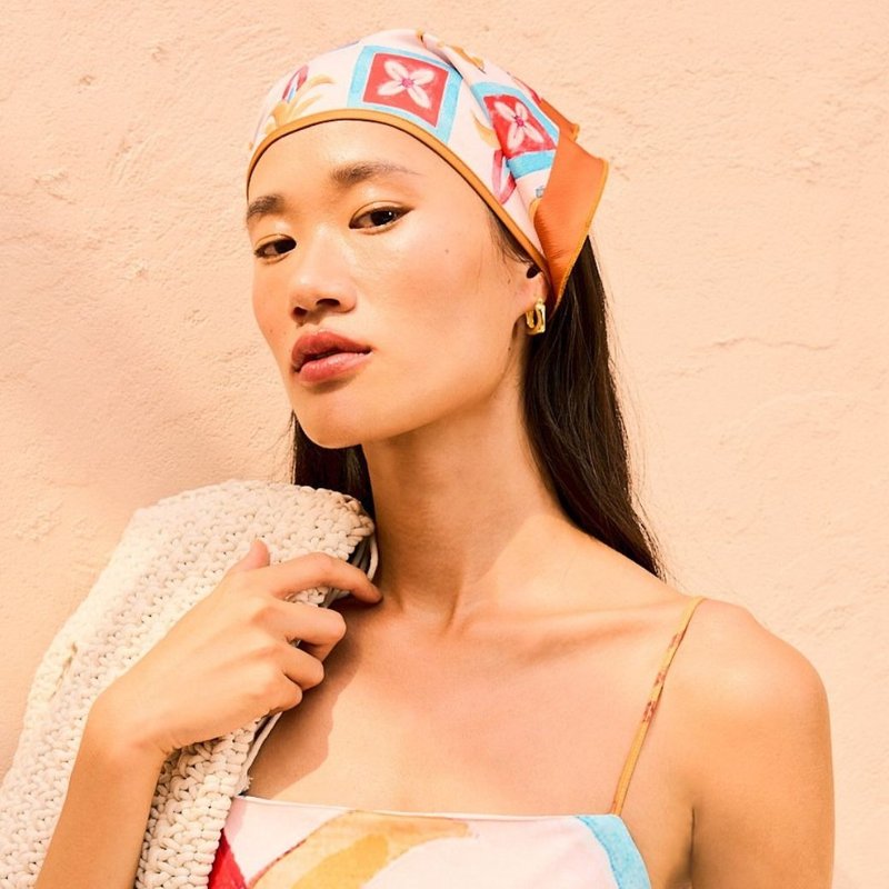 'Sorrento Bloom' (CRB63) 珊瑚纹样印花头巾 - 发饰 - 聚酯纤维 橘色