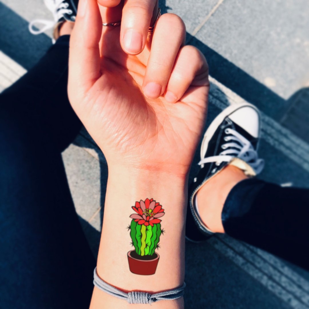 OhMyTat 仙人掌花 Cactus Flower 刺青图案纹身贴纸 (2 张) - 纹身贴 - 纸 绿色