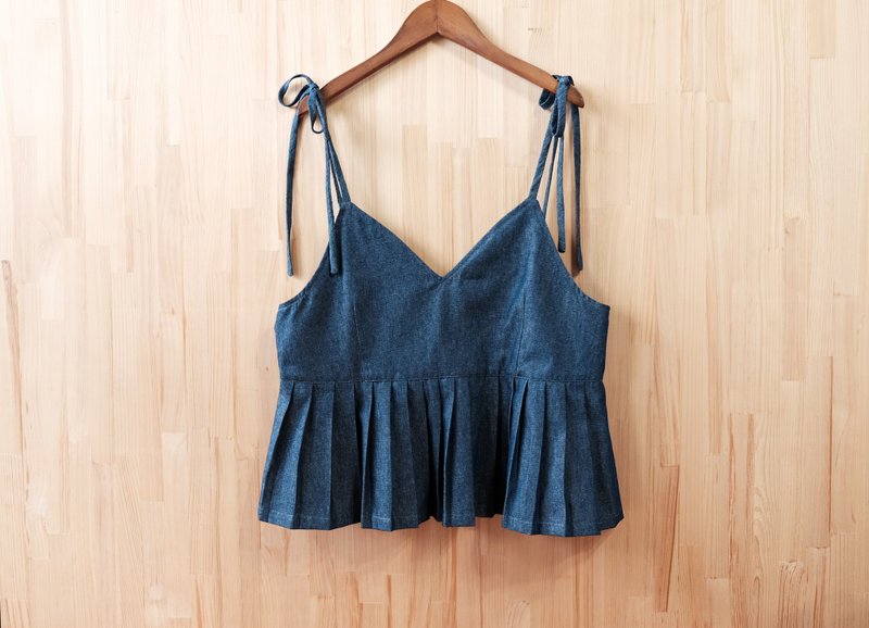绑带丹宁压折背心 - 女装背心 - 棉．麻 蓝色