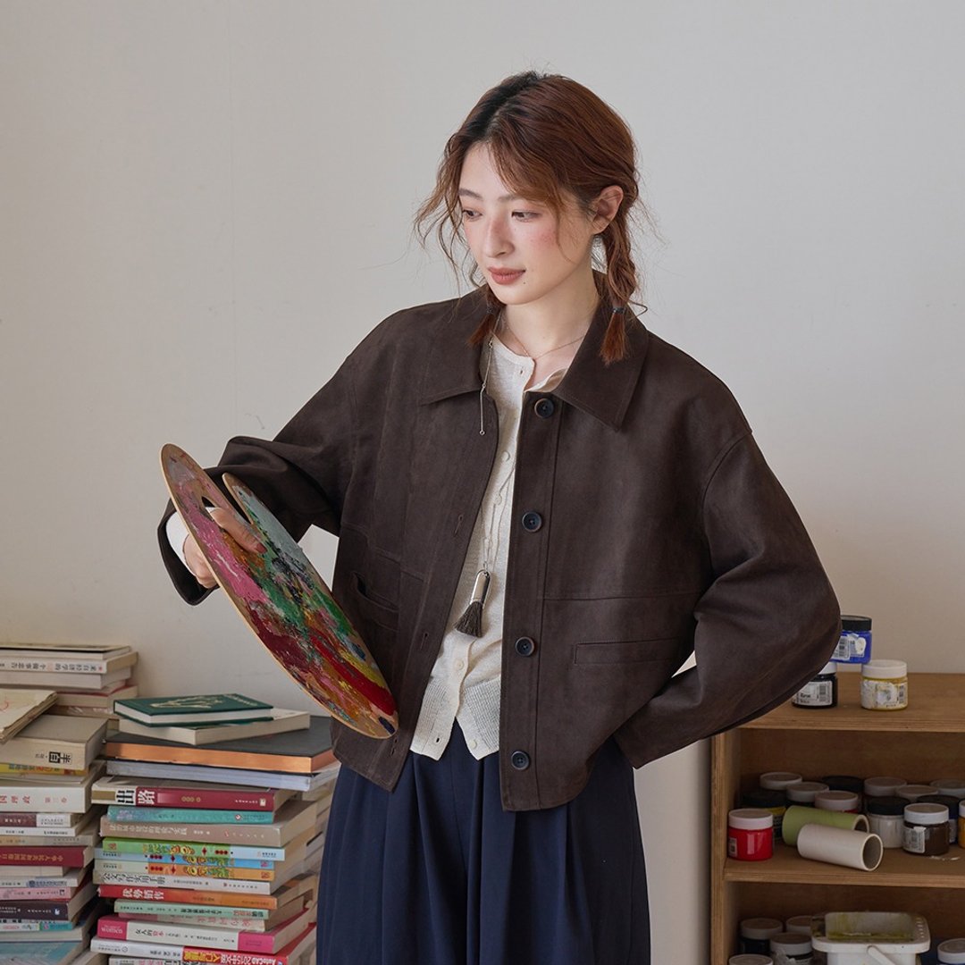 仿麂皮廓型皮衣|外套|夏秋款|Sora-1871 - 女装休闲/机能外套 - 其他人造纤维 咖啡色