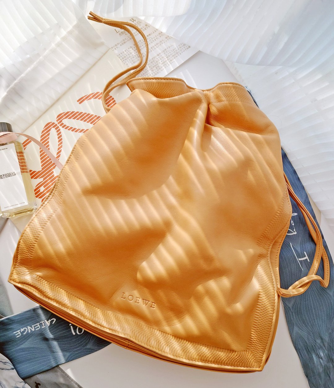 中古美品 Loewe Flamenco 蜜糖色束口袋肩背包斜挎包单肩包束绳包 - 侧背包/斜挎包 - 真皮 卡其色