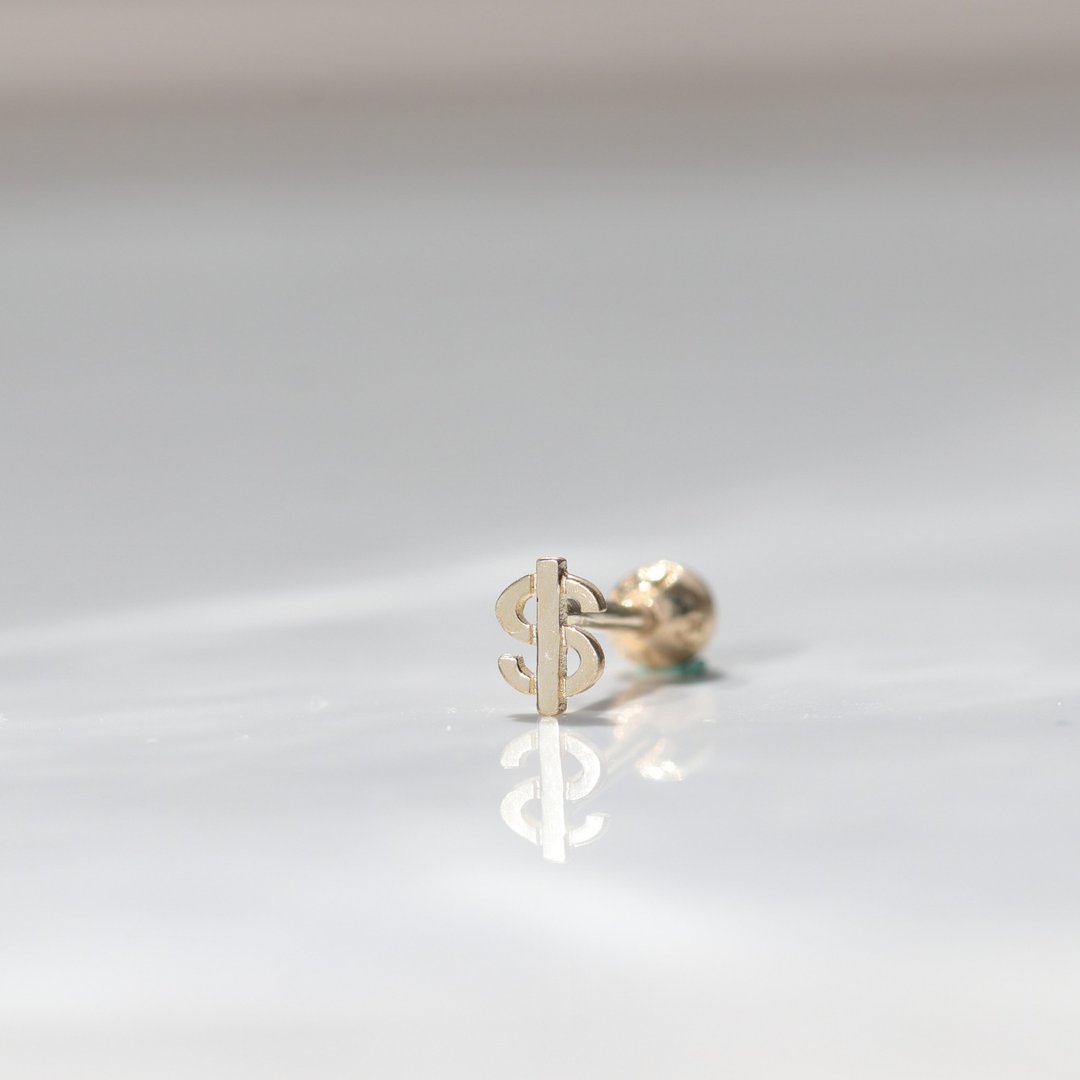 14K 金钱锁珠耳环 (单个)耳骨 耳窝 不退色 - 耳环/耳夹 - 贵金属 金色