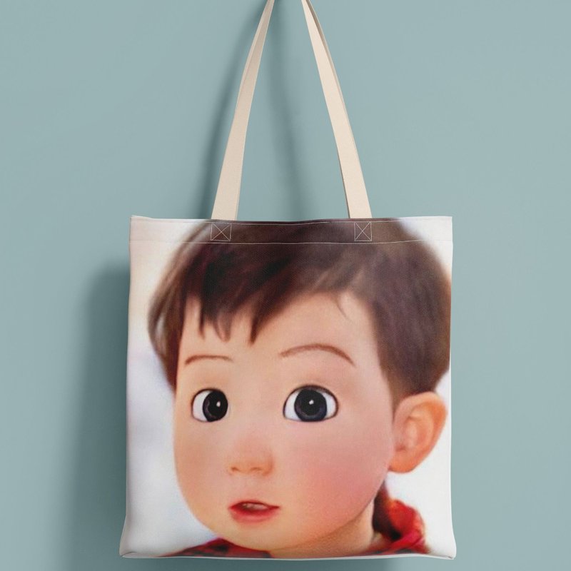 客制化礼物 Q版卡通帆布袋 结婚生日情侣家庭似颜绘帆布袋 - 手提包/手提袋 - 其他人造纤维 白色