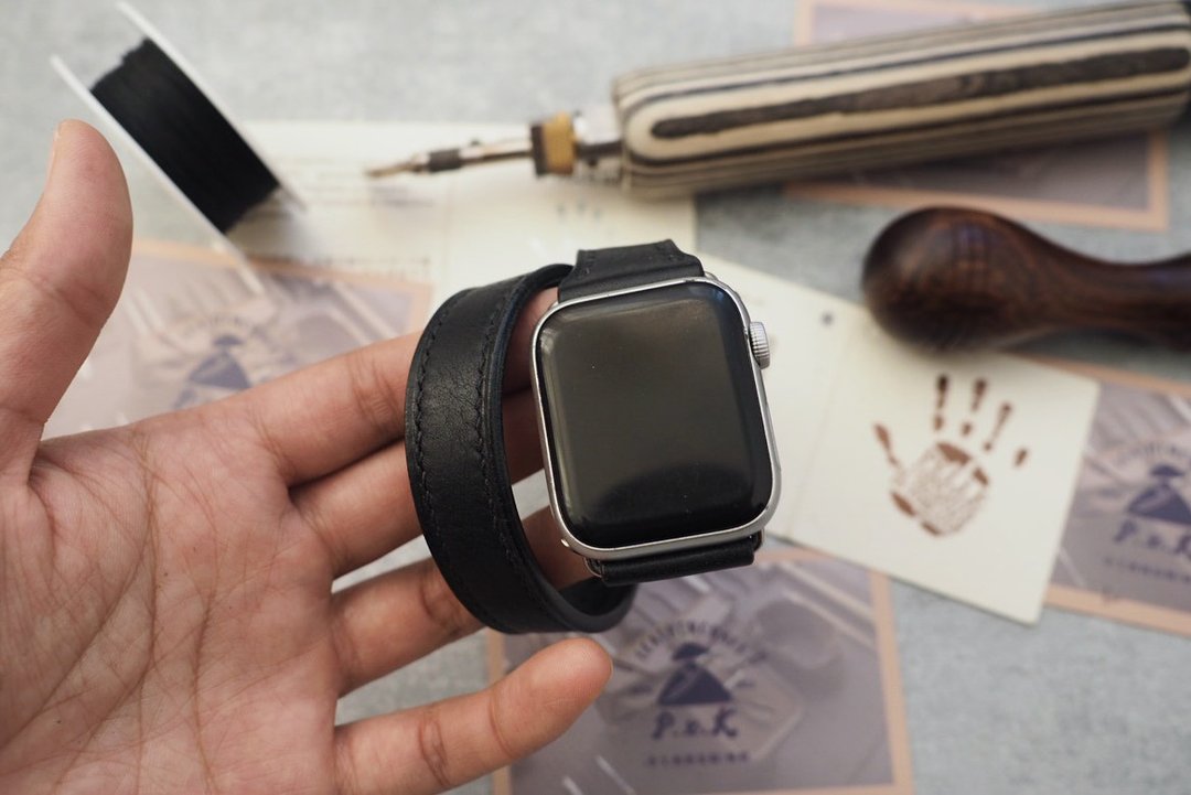 纯手工牛皮爱马仕双圈款苹果AppleWatch表带 定制化刻字礼物 订制 - 表带 - 真皮 黑色