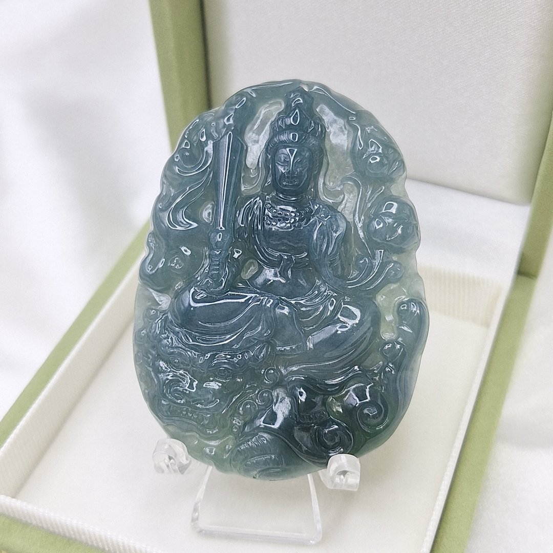 冰润深蓝水 文殊菩萨 吊坠 生肖兔守护神 | 天然A货翡翠 - 项链 - 玉石 