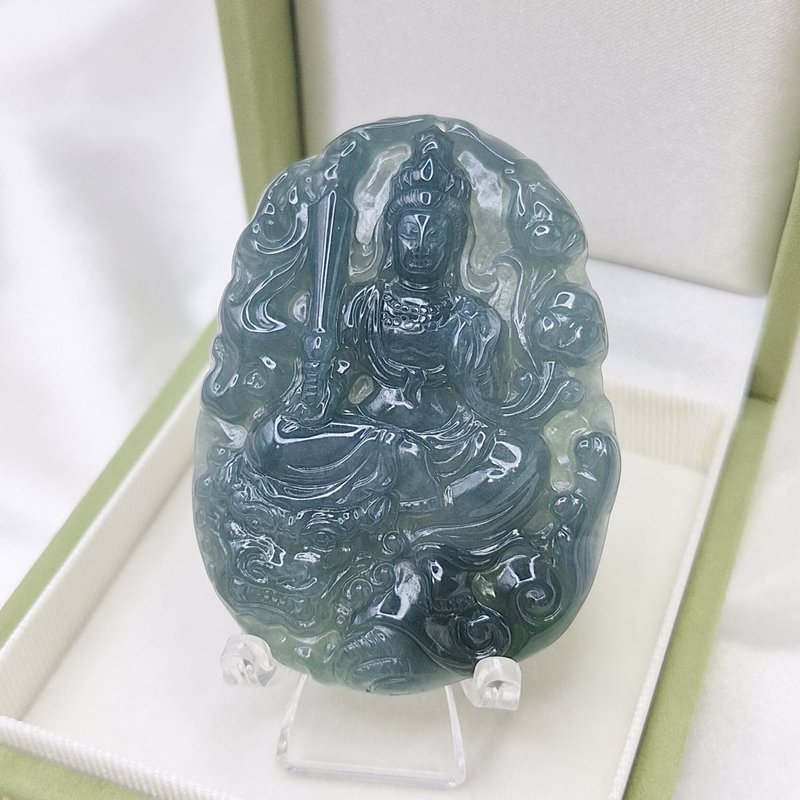 冰润深蓝水 文殊菩萨 吊坠 生肖兔守护神 | 天然A货翡翠 - 项链 - 玉石 