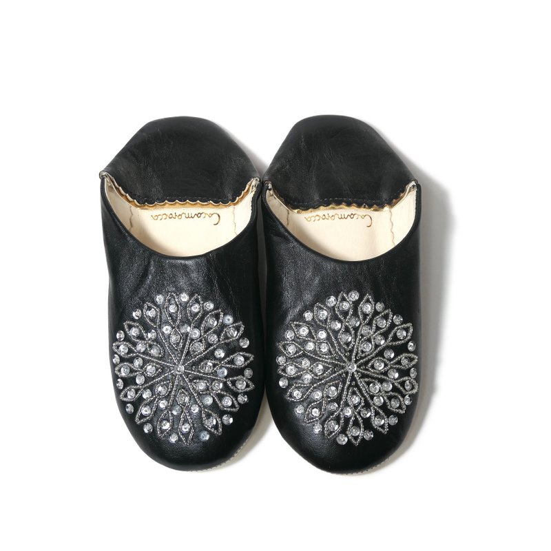 Black / silver / moroccan Leather babouche Slippers / High quality odourless - 室内拖鞋 - 真皮 黑色