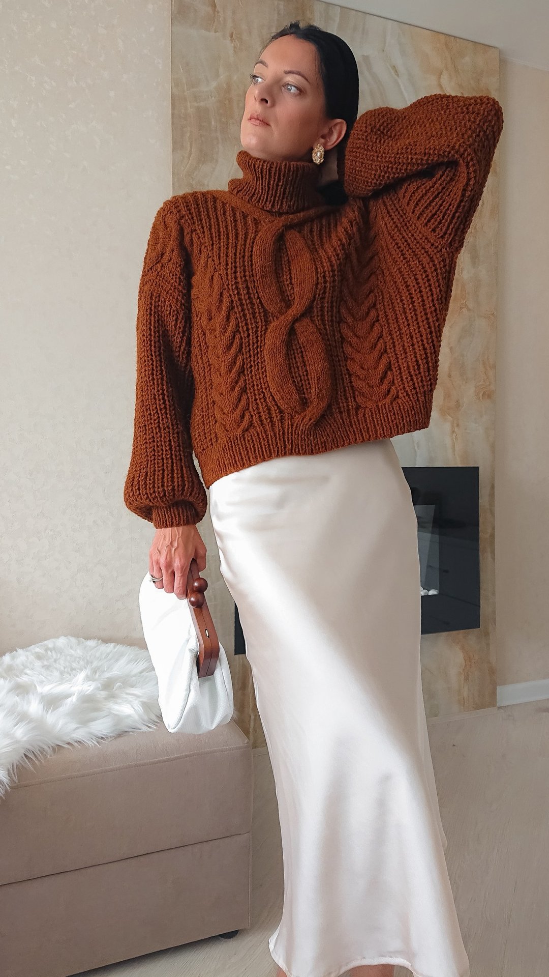 Rib knit sweater Twist knitted sweater Turtleneck sweater Brown sweater - 女装针织衫/毛衣 - 羊毛 