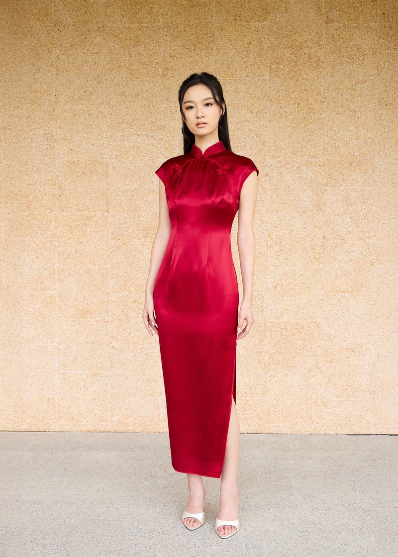 锦葵织锦无袖旗袍|晚装礼服 |香港设计|古典|气质|中西合璧 - 旗袍 - 聚酯纤维 红色
