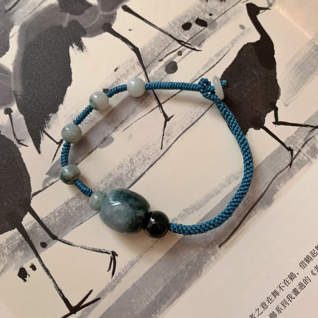 船波漾漾。天然缅甸翡翠复古编织手链 墨翠平安文艺礼物古典手绳 - 手链/手环 - 玉石 绿色
