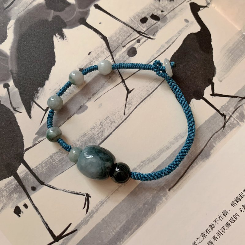 船波漾漾。天然缅甸翡翠复古编织手链 墨翠平安文艺礼物古典手绳 - 手链/手环 - 玉石 绿色