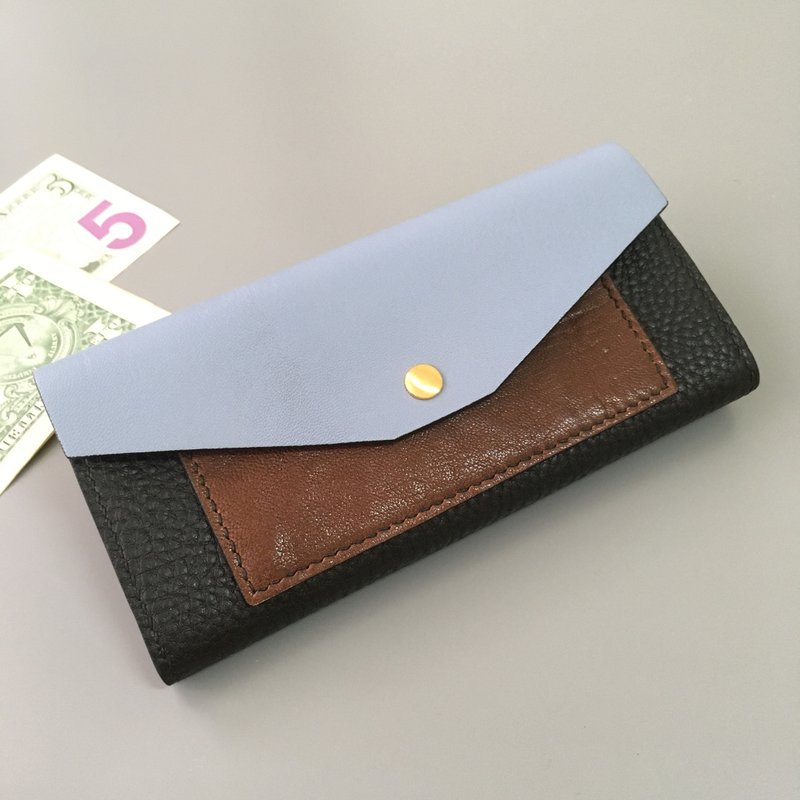 撞色信封牛皮长夹/蓝 - 皮夹/钱包 - 真皮 多色
